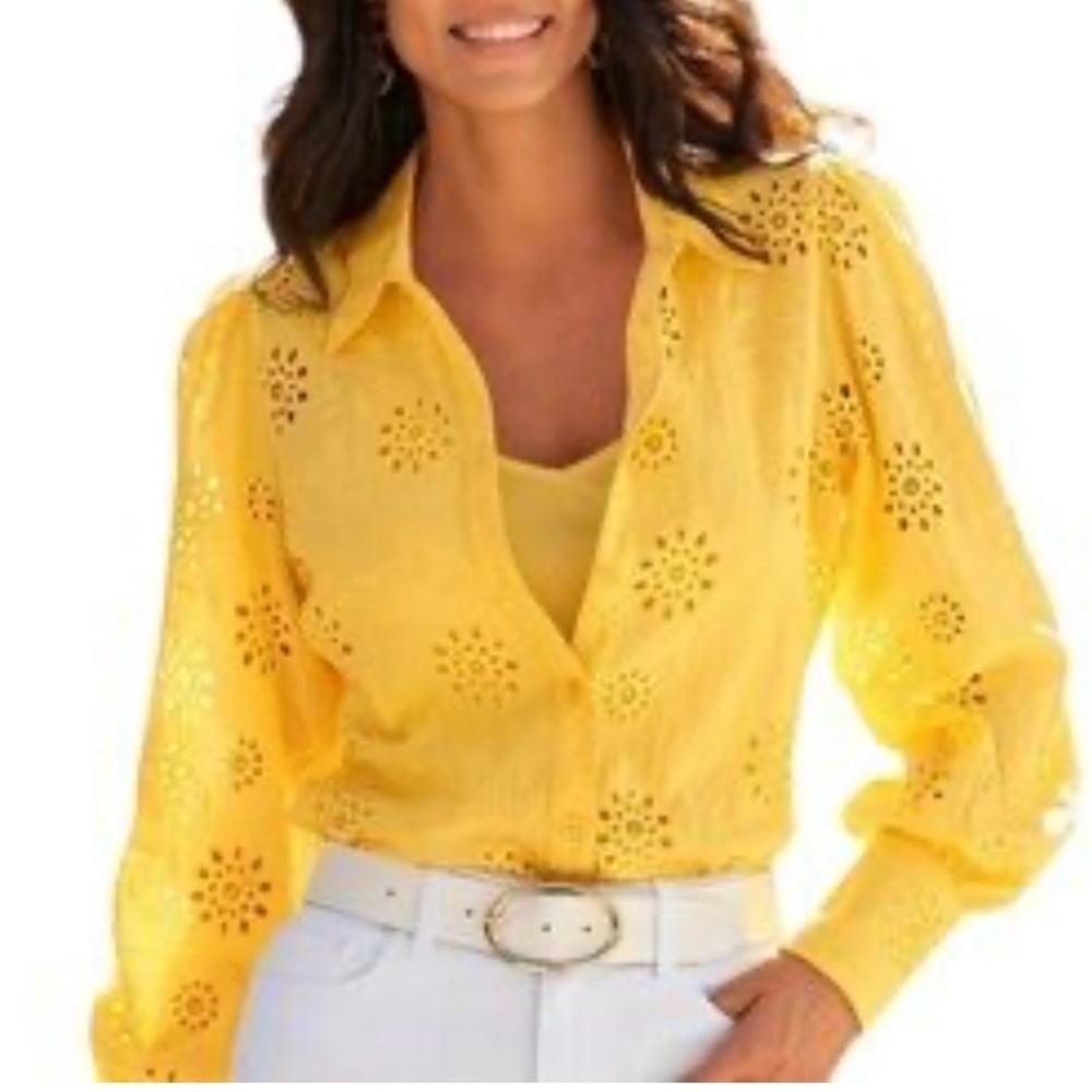 NWT Antropologie  For Ever that Girl yellow embroidered button down shirt XL